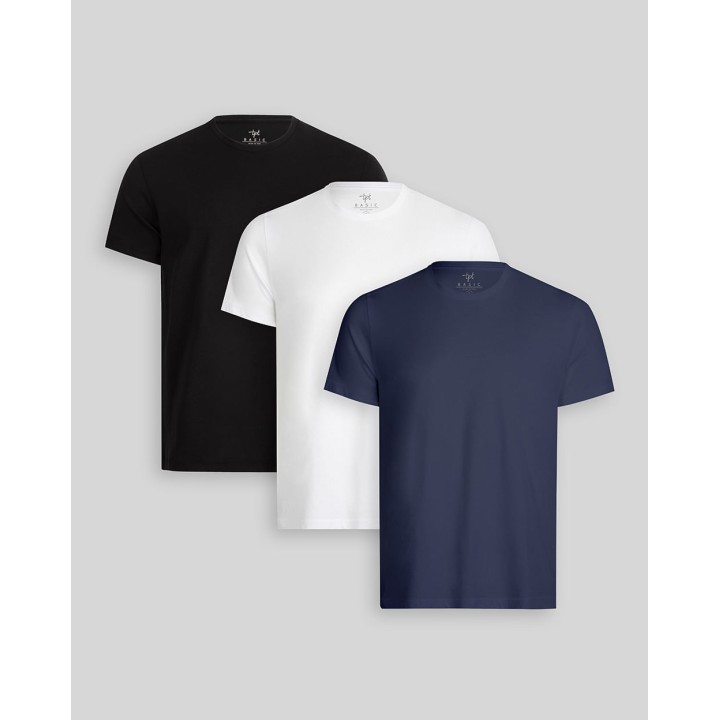 Pack de 3 polos Hombre Cuello Redondo Blanco / Negro / Azul Oxford