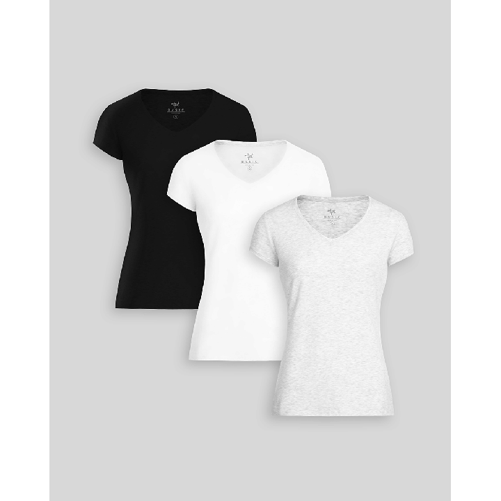 Pack de 3 polos Mujer Cuello V Blanco / Níquel Poly Htr / Negro