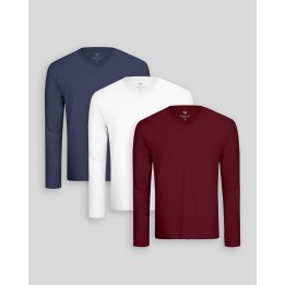 Pack de 3 polos manga larga Cuello V Blanco Optico / Azul Oxford / Guinda Sombra
