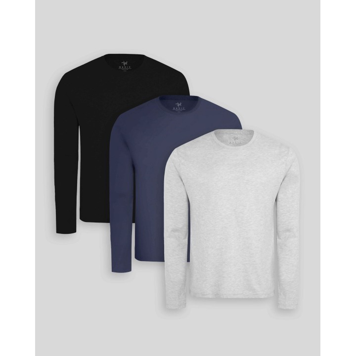 Pack de 3 polos manga larga Gris Poly / Negro / Azul Oxford