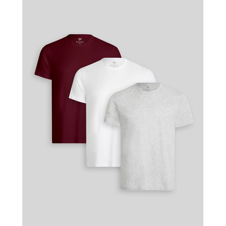 Pack de 3 polos Hombre Cuello Redondo Blanco / Gris Poly / Guinda Sombra