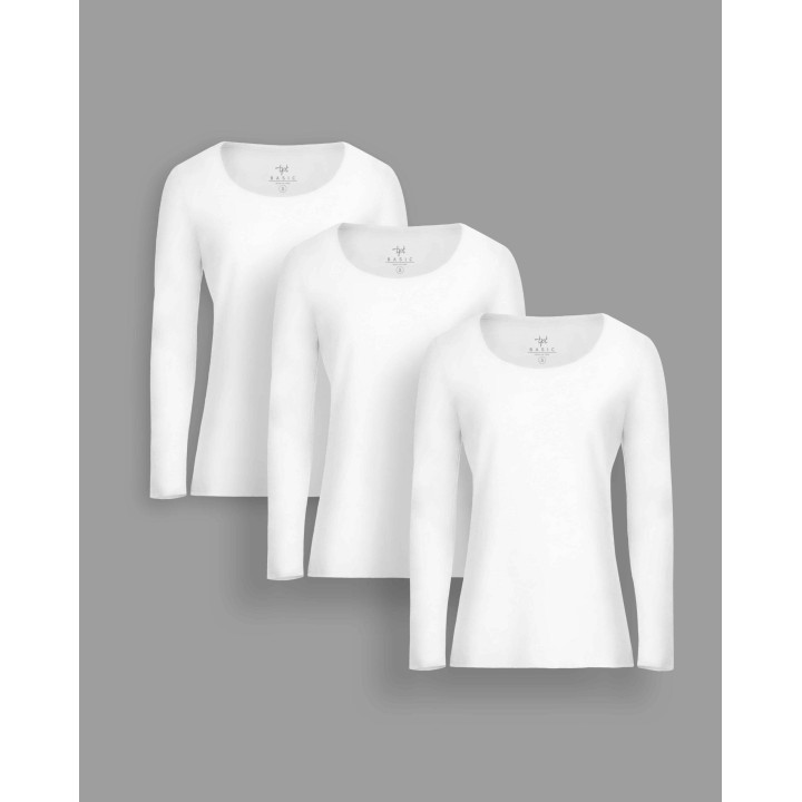 Pack de 3 polos manga larga Cuello Redondo Blanco