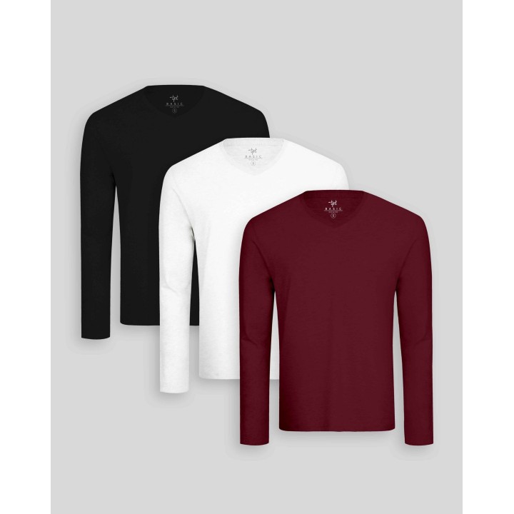 Pack de 3 polos manga larga Cuello V Blanco Optico / Negro / Guinda Sombra
