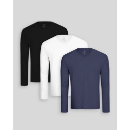 Pack de 3 polos manga larga Cuello V Blanco Optico / Negro / Azul Oxford