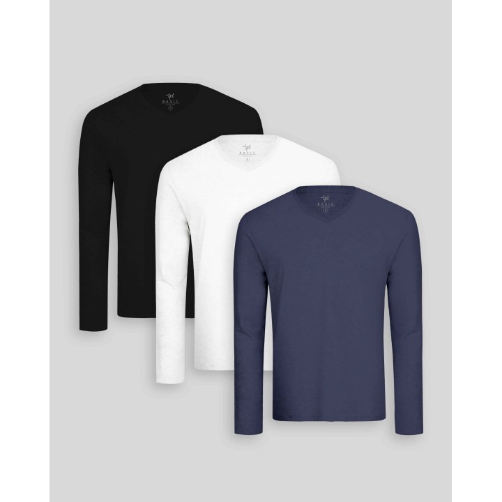 Pack de 3 polos manga larga Cuello V Blanco Optico / Negro / Azul Oxford