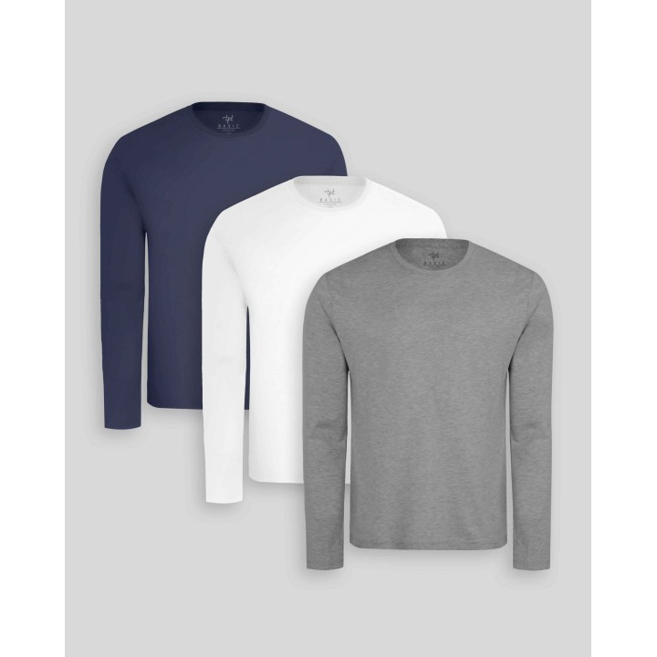 Pack de 3 polos manga larga Blanco Optico / Azul Oxford / Plomo Melange