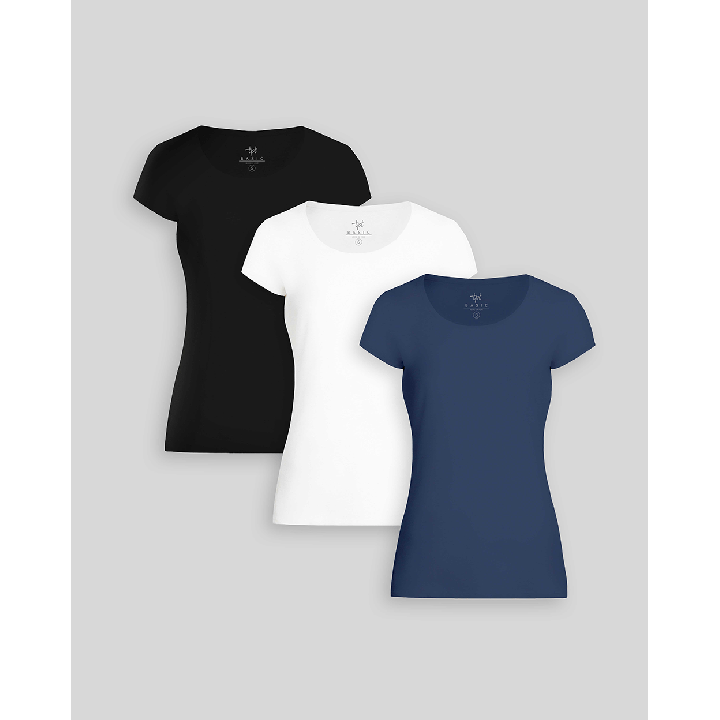 Pack de 3 polos Mujer Cuello Redondo Blanco / Negro / Azul Atlantico