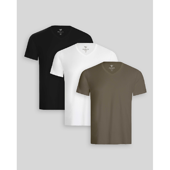 Pack de 3 polos Hombre Cuello V Blanco / Negro / Verde Militar