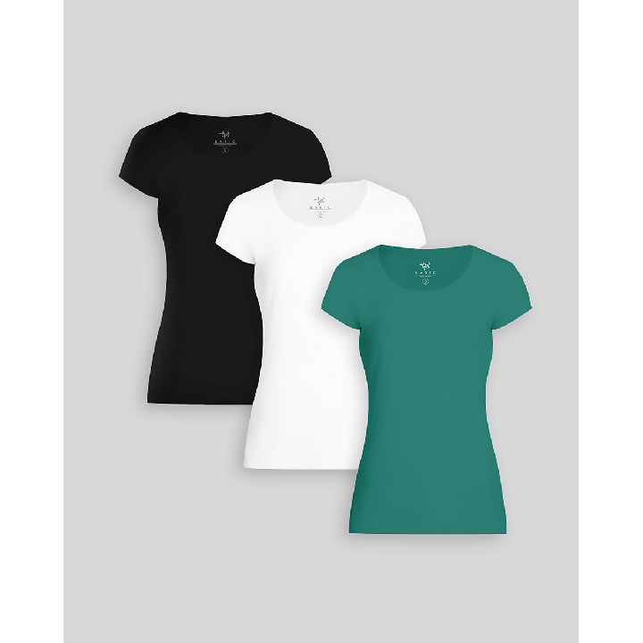 Pack de 3 polos Mujer Cuello Redondo Blanco / Negro / Verde Cali