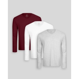 Pack de 3 polos manga larga Cuello V Blanco Optico / Gris Poly / Guinda Sombra
