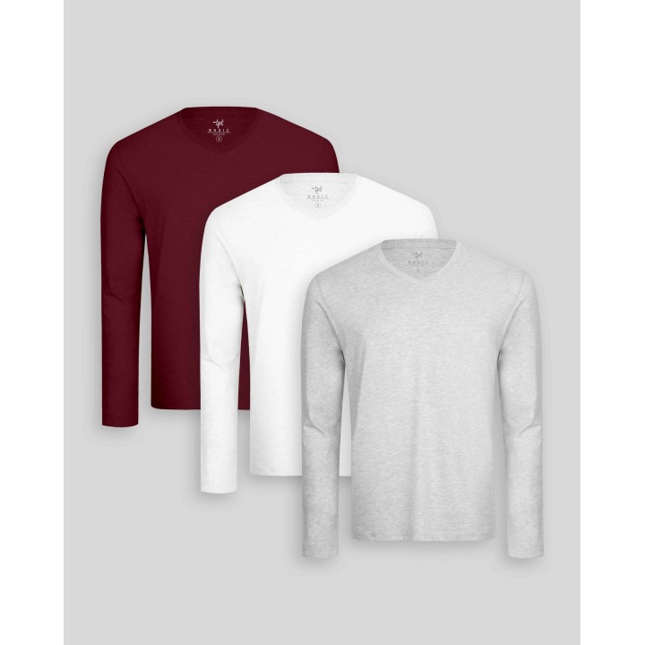 Pack de 3 polos manga larga Cuello V Blanco Optico / Gris Poly / Guinda Sombra