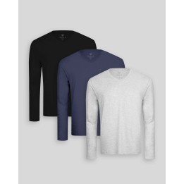 Pack de 3 polos manga larga Cuello V Gris Poly / Negro / Azul Oxford