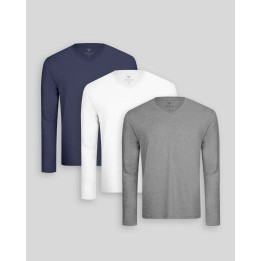 Pack de 3 polos manga larga Cuello V Blanco Optico / Azul Oxford / Plomo Melange