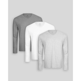 Pack de 3 polos manga larga Cuello V Blanco Optico / Gris Poly / Plomo Melange