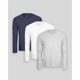 Pack de 3 polos manga larga Cuello V Blanco Optico / Gris Poly / Azul Oxford