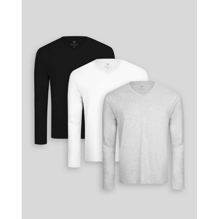 Pack de 3 polos manga larga Cuello V Blanco Optico / Gris Poly / Negro