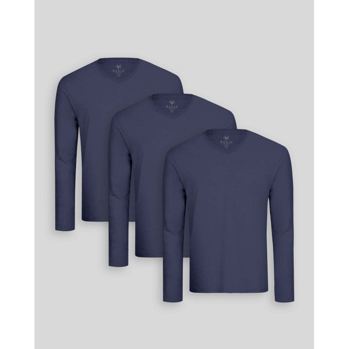 Pack de 3 polos manga larga Cuello V Azul Oxford