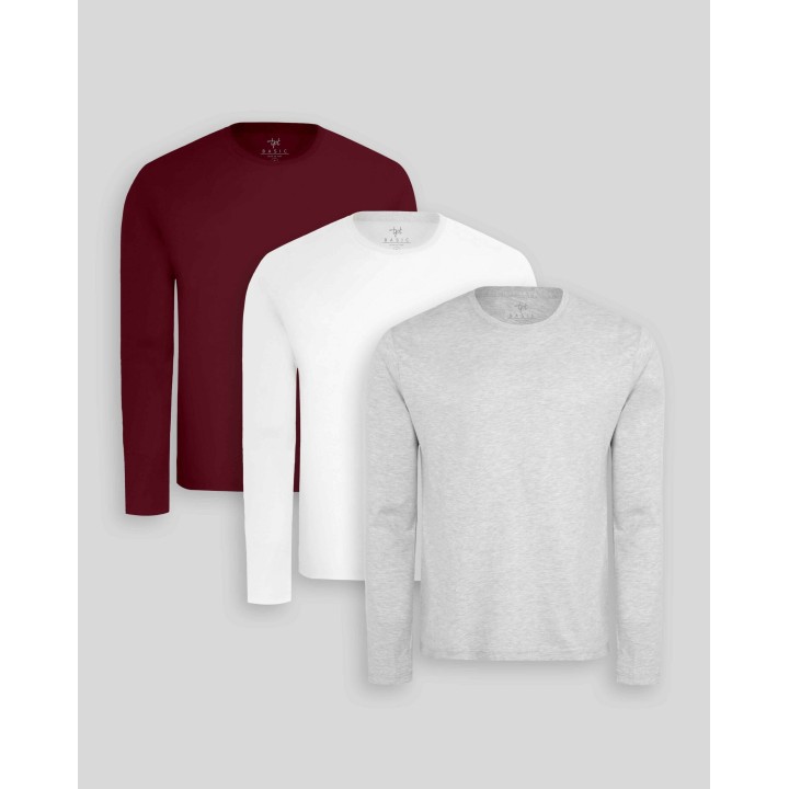 Pack de 3 polos manga larga Blanco Optico / Gris Poly / Guinda Sombra