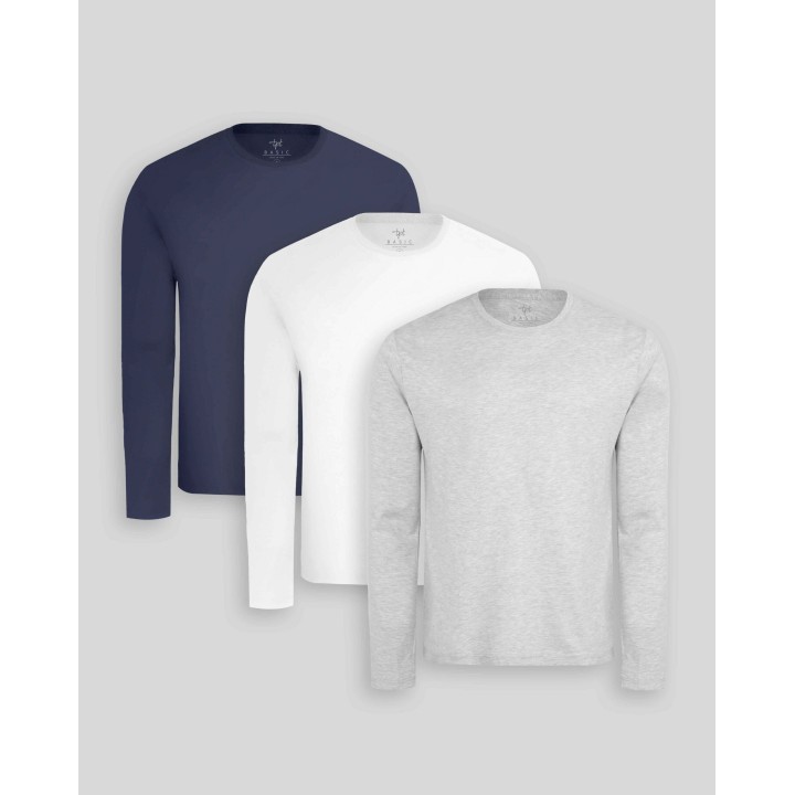 Pack de 3 polos manga larga Blanco Optico / Gris Poly / Azul Oxford