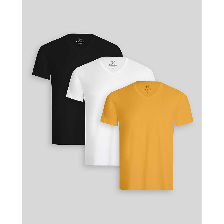 Pack de 3 polos Hombre Cuello V Blanco / Negro / Mostaza Golden