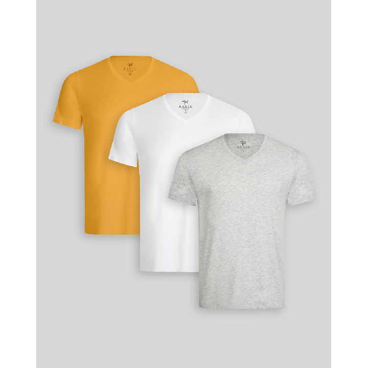 Pack de 3 polos Hombre Cuello V Blanco / Gris Poly / Mostaza Golden