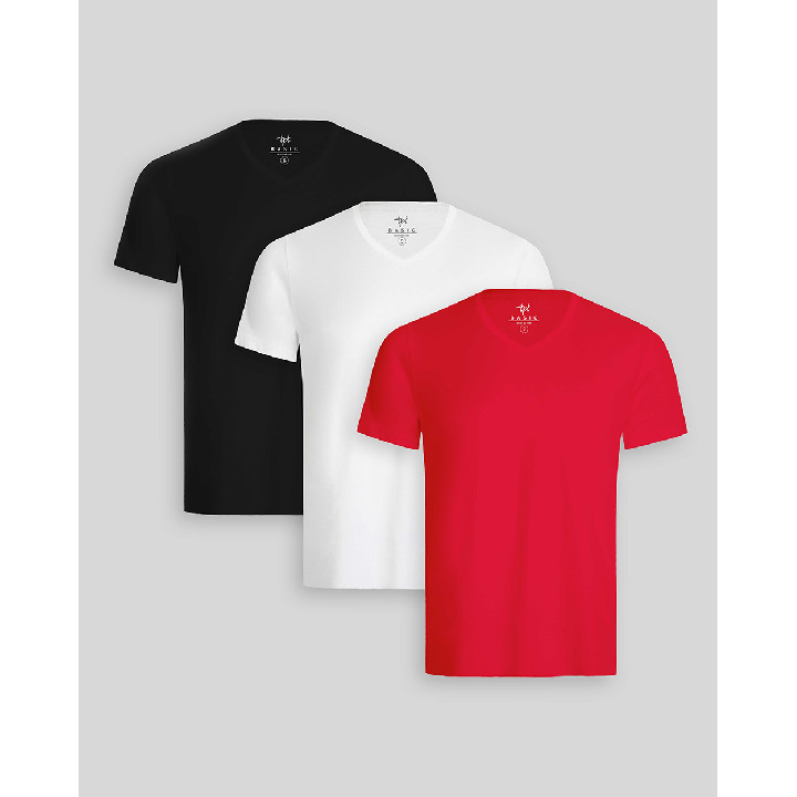 Pack de 3 polos Hombre Cuello V Blanco / Negro / Rojo Flama