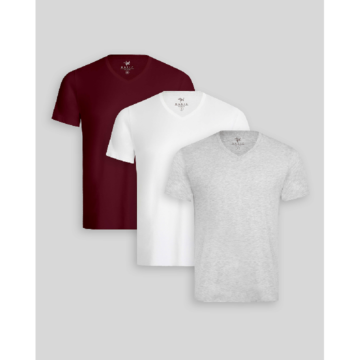 Pack de 3 polos Hombre Cuello V Blanco / Gris Poly / Guinda Sombra