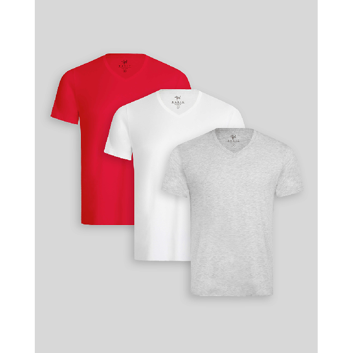 Pack de 3 polos Hombre Cuello V Blanco / Gris Poly / Rojo Flama