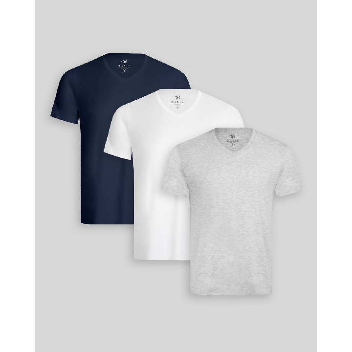 Pack de 3 polos Hombre Cuello V Blanco / Gris Poly / Azul Oxford
