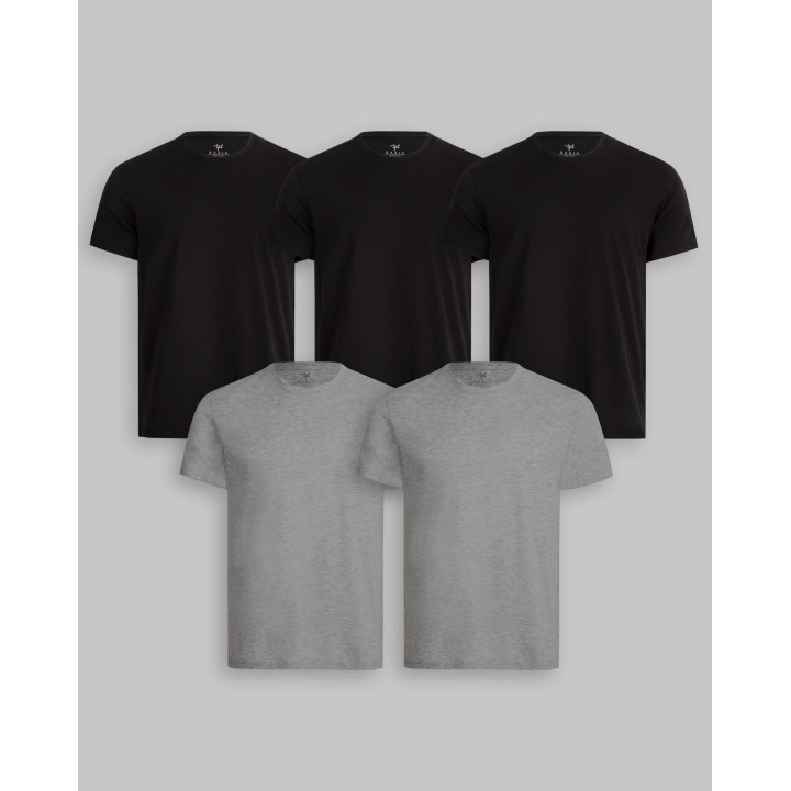 Pack de 5 polos Cuello Redondo Negro / Plomo Melange
