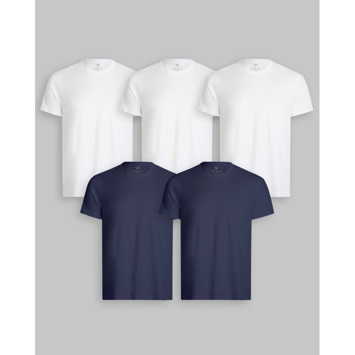 Pack de 5 polos Cuello Redondo Blanco / Azul Oxford
