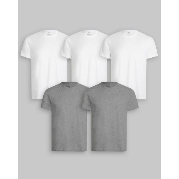 Pack de 5 polos Cuello Redondo Blanco / Plomo Melange