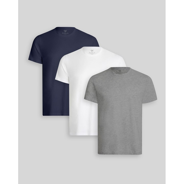 Pack de 3 polos Hombre Cuello Redondo Blanco / Azul Oxford / Plomo Melange